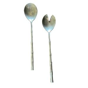 Italian Bamboo Handles Salad Set Silver-plated Spoon Spork Fork Tableware 2PC